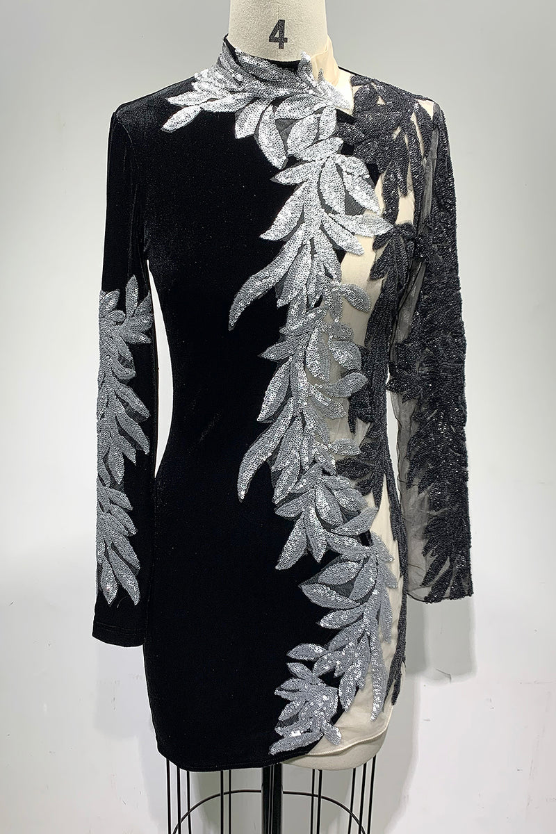 Luxury Crystal Embellished Long Sleeve Mesh Mini Dress