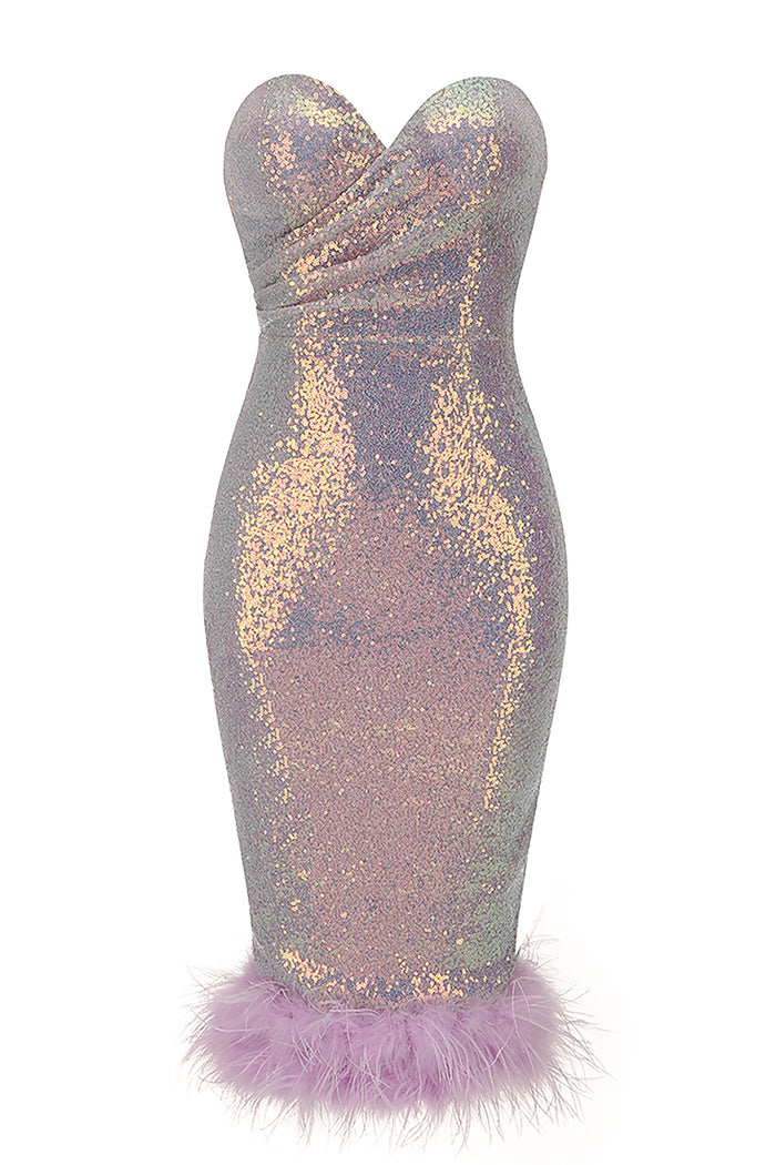 Luxury Feather Glitter Sequin strapless Slim Dress In Lavender