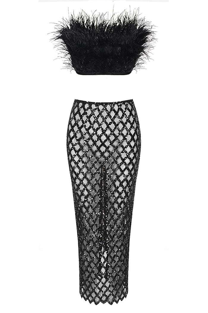 Luxury Strapless Feathered Top And Sheer Sequins Midi Skirt In Black White