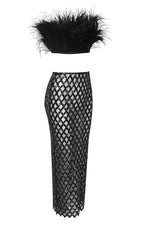 Luxury Strapless Feathered Top And Sheer Sequins Midi Skirt In Black White