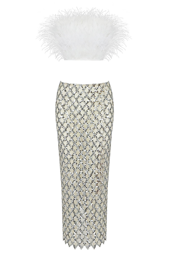 Luxury Strapless Feathered Top And Sheer Sequins Midi Skirt In Black White