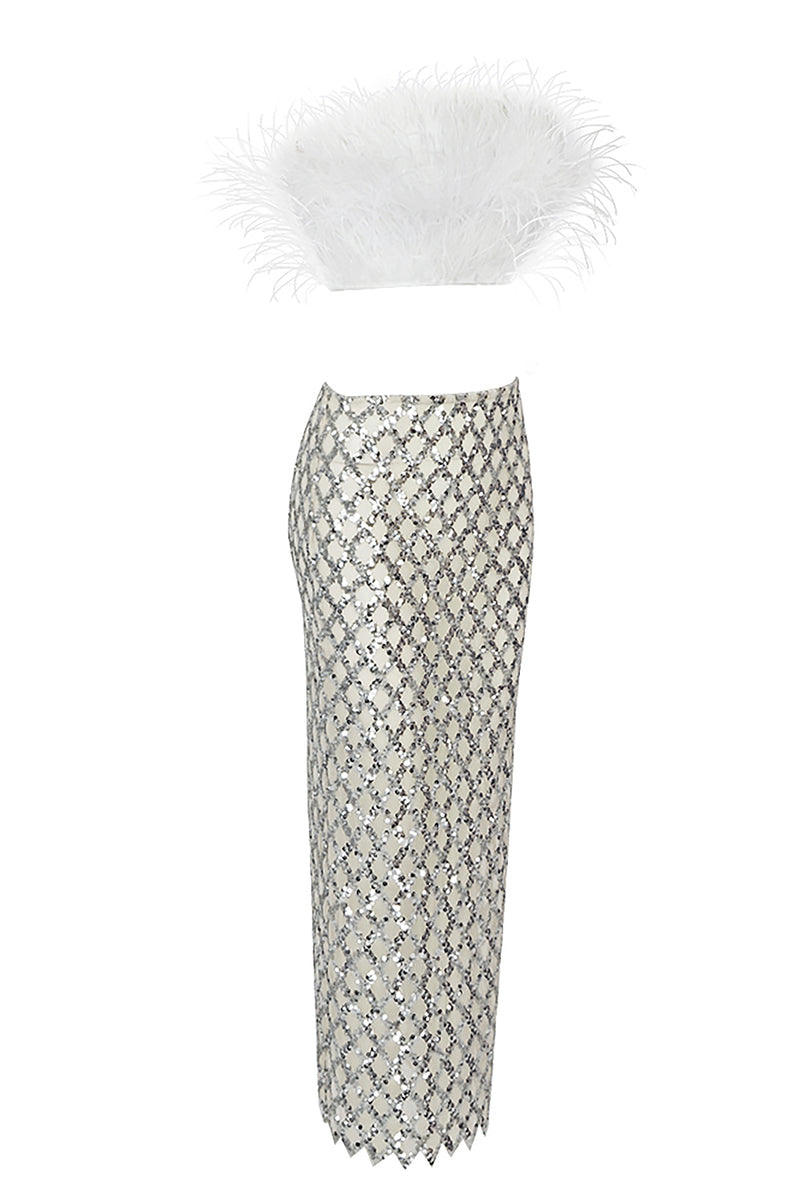 Luxury Strapless Feathered Top And Sheer Sequins Midi Skirt In Black White