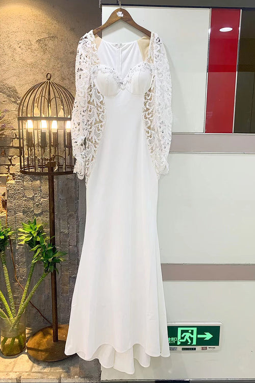 Luxury and Graceful White Lace Long Sleeves Mermaid Trumpet Wedding Dress