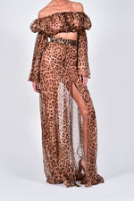 Maxi Skirt Set Leopard Print Silk Two Pieces Set