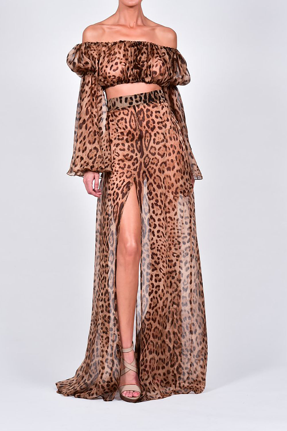 Conjunto de falda larga Conjunto de dos piezas de seda con estampado de leopardo