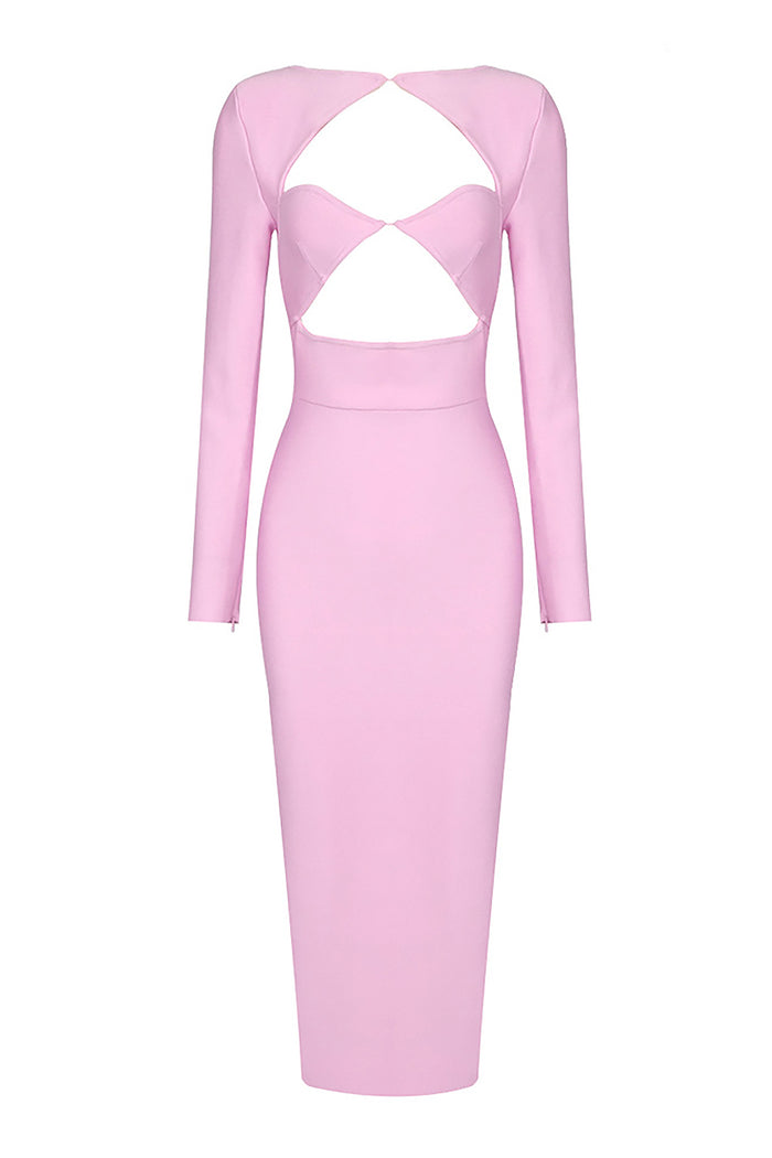 O-Neck Long Sleeve Hollow out Midi Bandage Dress In Pink Black White