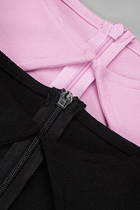 Vestido midi com decote em O e manga comprida vazado em rosa preto branco