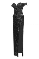 Off-shoulder Sequins Evening Maxi Dress in Black - iulover