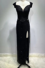 Off-shoulder Sequins Evening Maxi Dress in Black - iulover