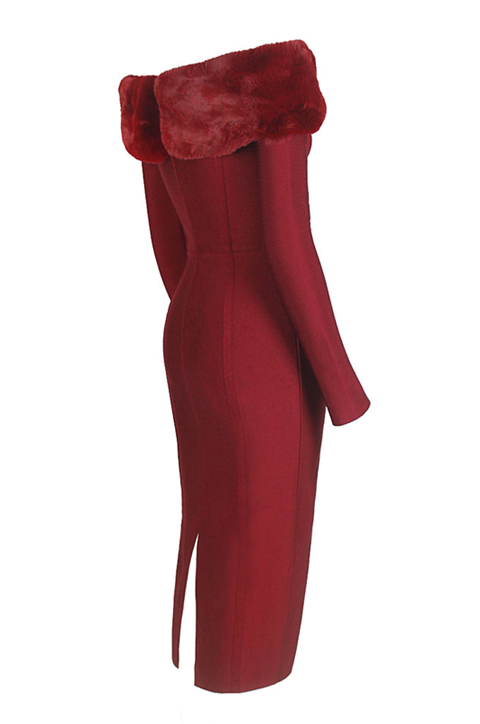 Off-shoulder Fur Trim Long Sleeve Bandage Dress - iulover
