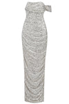 Off Shoulder Mesh Sequins Sparkly Silver Split Dress - IULOVER