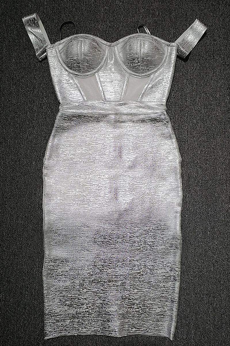 Off Shoulder Silver Metallic Bandage Dress - IULOVER