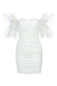 White Sleeveless Mesh Ruched White Bandage Dress - IULOVER