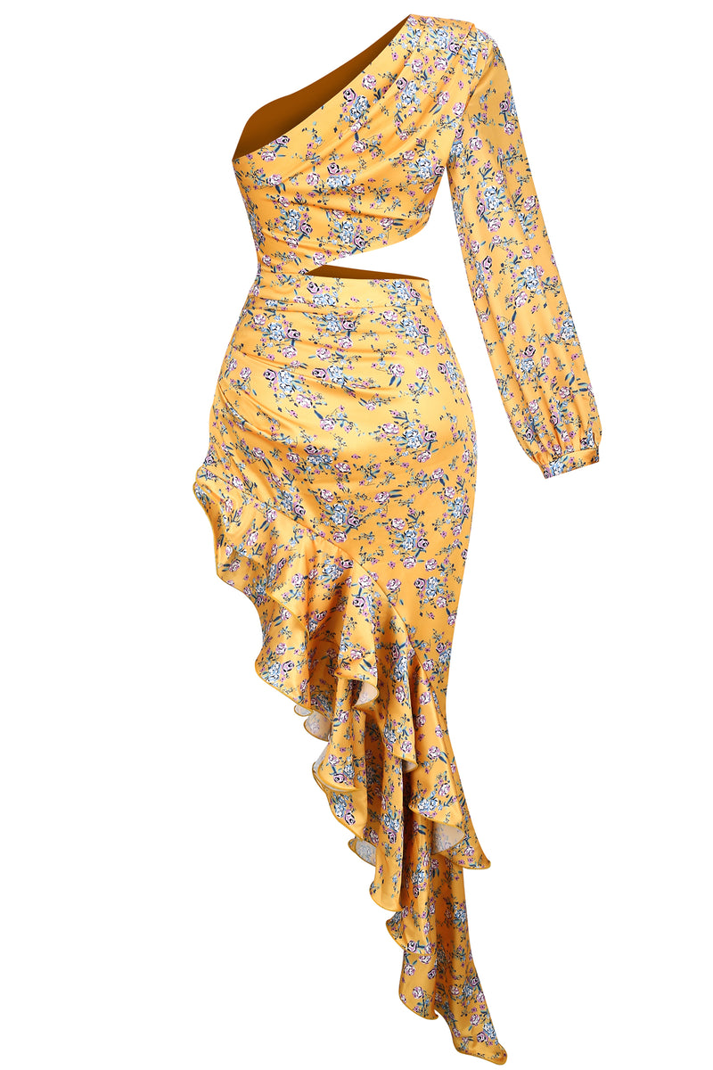 One-Shoulder Printed Ruffles Asymmetrical Maxi Dress