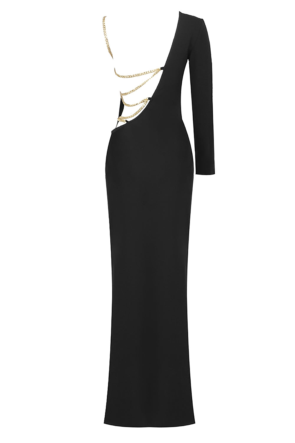 Vestido maxi de um ombro sem costas com corrente dividida em preto