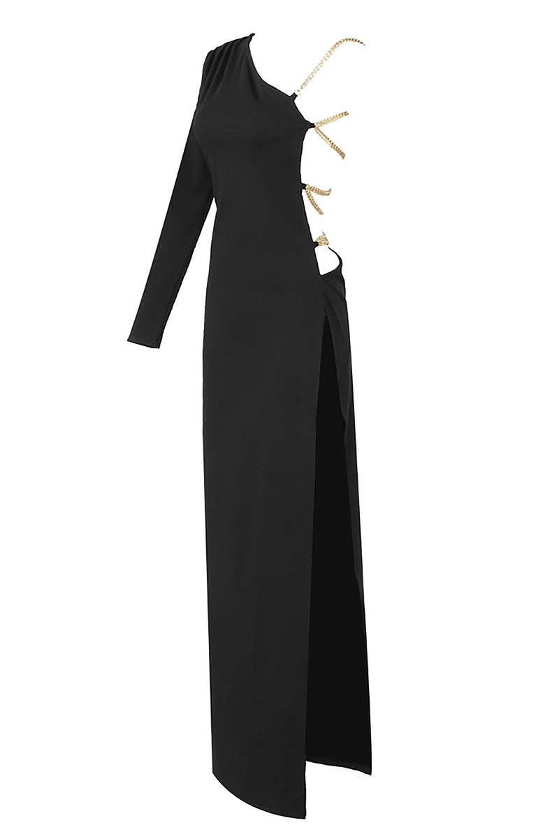 One Shoulder Backless Chain Splits Maxi Dress In Black