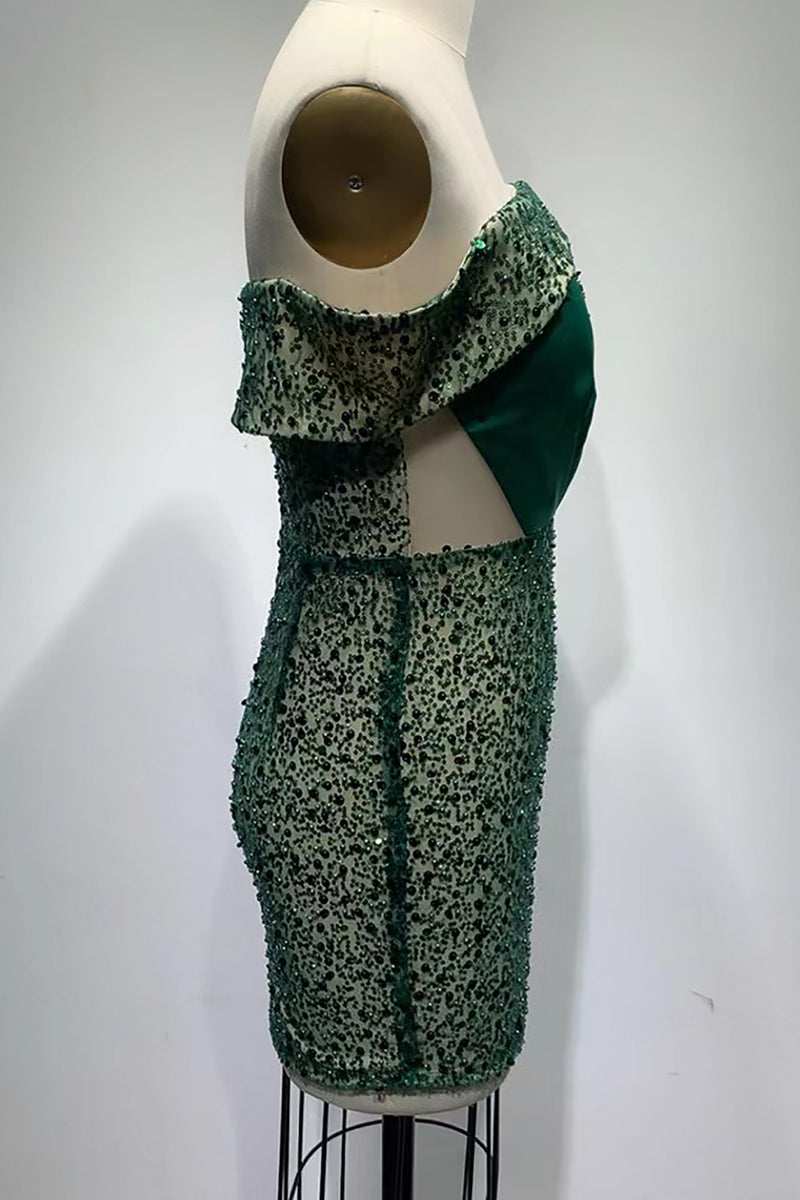 IULOVER Luxury One Shoulder Crystal Embellished Mini Dress M / Green