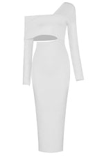 One Shoulder Full Sleeves Hollow Out Split Mid Bandage Dress - IULOVER