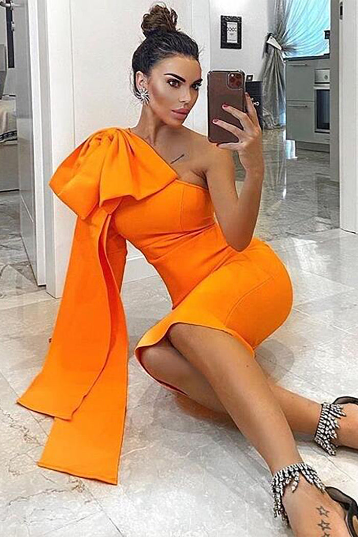 Orange One Shoulder Long Sleeve Bandage Dress - IULOVER