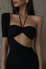 One Shoulder Short Sleeve Hollow Black Long Dress - IULOVER