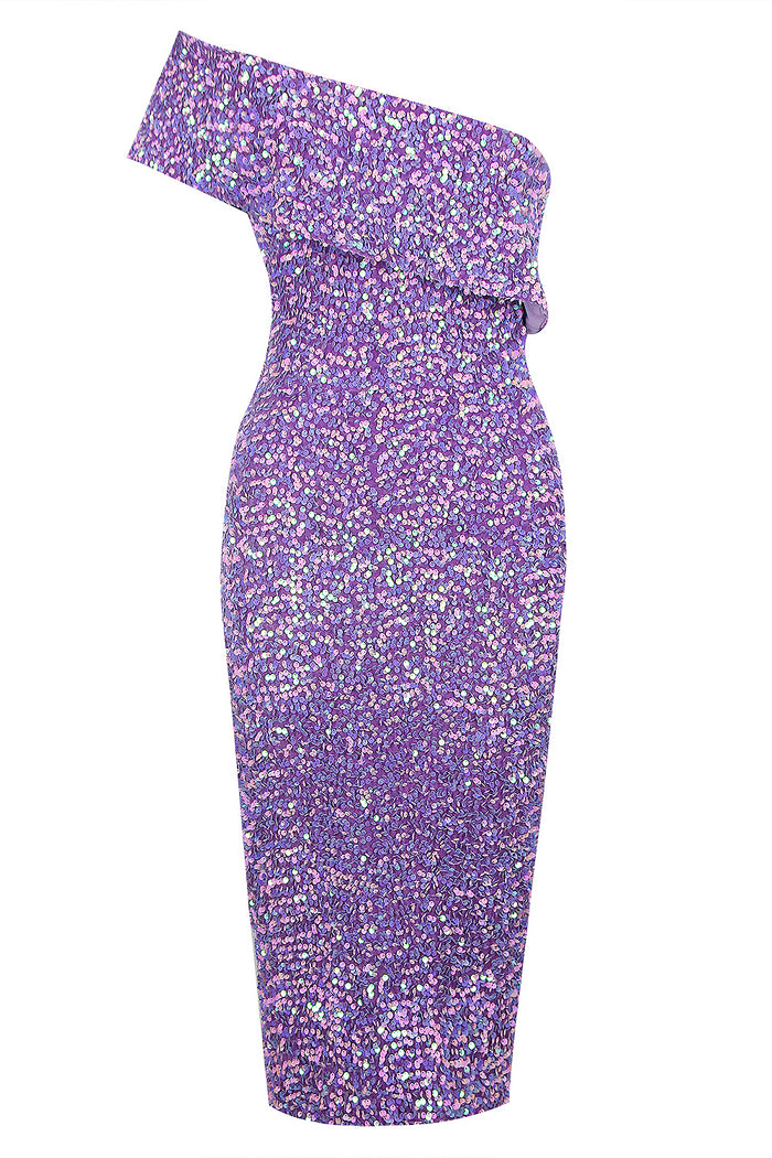 One Shoulder Short Sleeves Backless Sequin Dress In Lavender Pink Blue