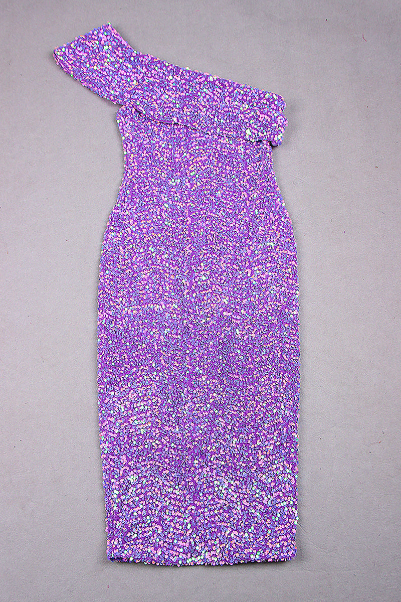 One Shoulder Short Sleeves Backless Sequin Dress In Lavender Pink Blue