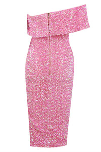 Vestido de lantejoulas sem costas com mangas curtas de um ombro em azul rosa lavanda