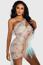 One shoulder Rainbow Sequin Feather Mini Dress
