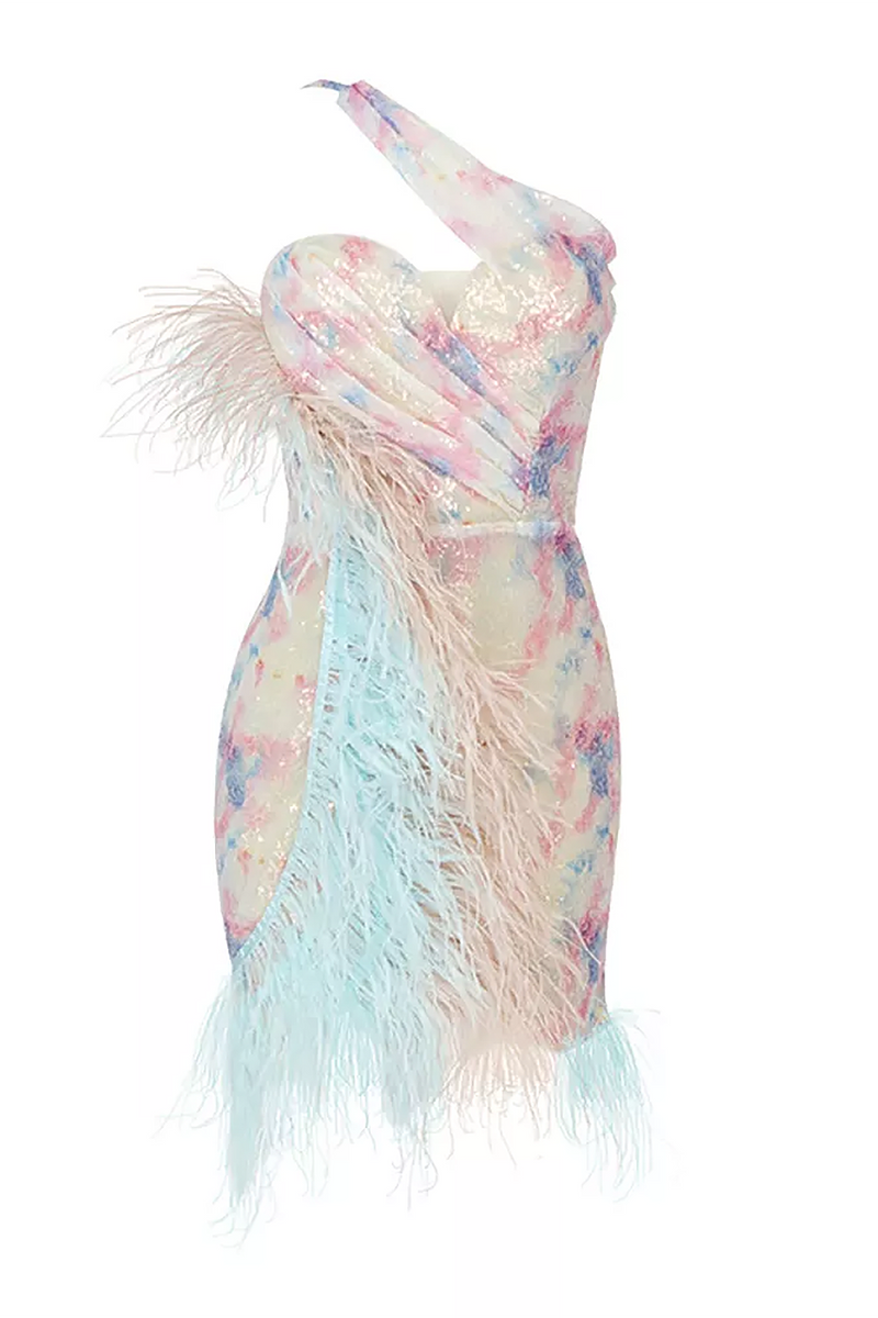 One shoulder Rainbow Sequin Feather Mini Dress