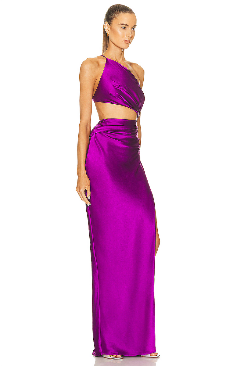 One shoulder Silk Cut Out Gown In Purple Yolk
