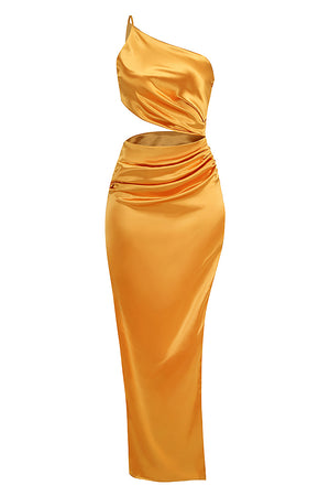 Vestido de seda de un hombro con aberturas en yema morada