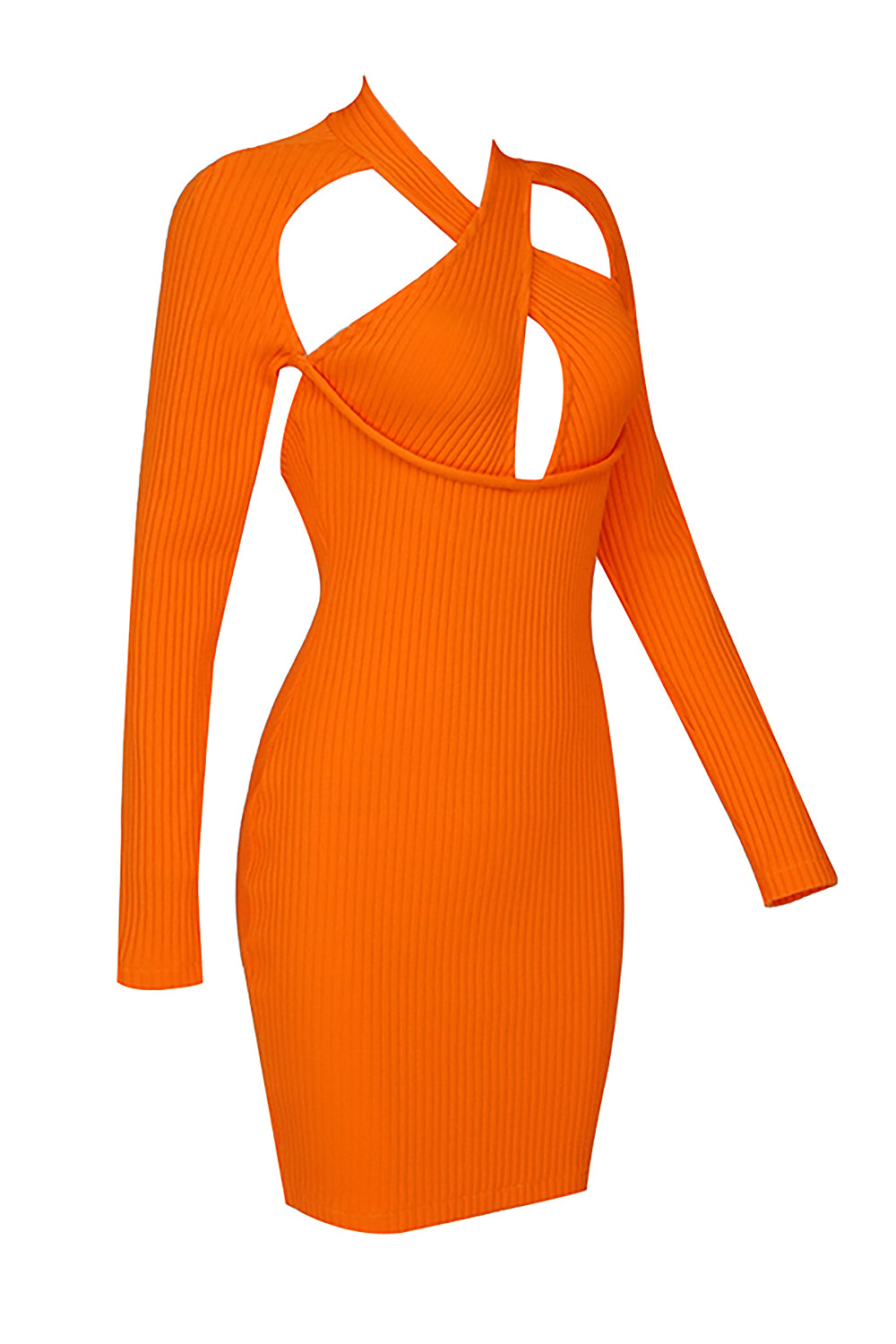 Vestido vendaje ahuecado de manga larga cruzado naranja