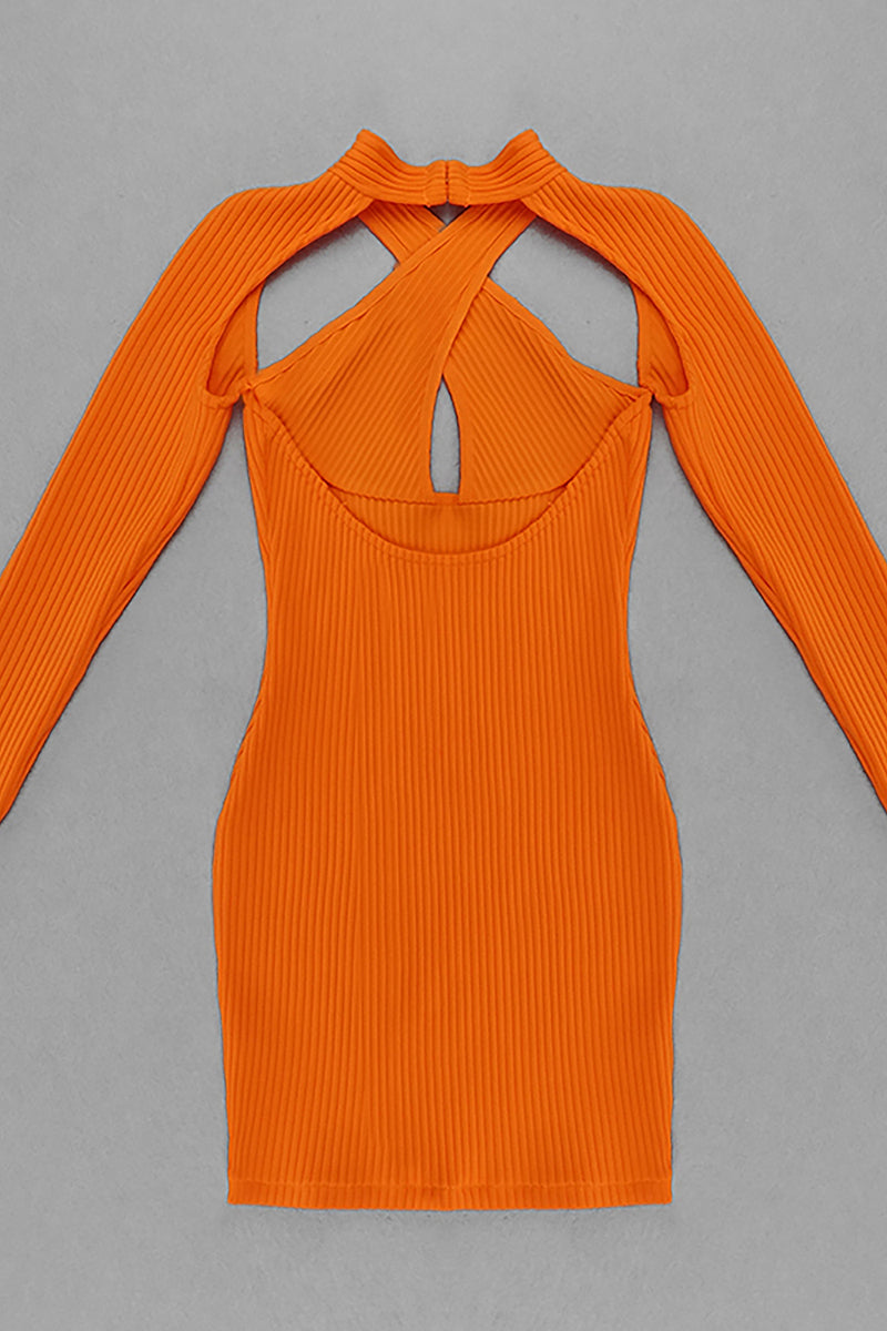 Orange Criss Cross Long Sleeve Hollow Out Bandage Dress