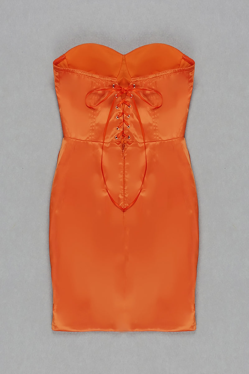 Orange Strapless Lace-Up Draped Mini Dress
