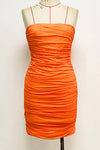 Strapless Mesh Drape Bodycon Midi Dress In Pink Orange