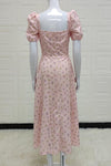 Pink Floral Printed Puff Sleeve Midi Dress