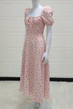 Pink Floral Printed Puff Sleeve Midi Dress