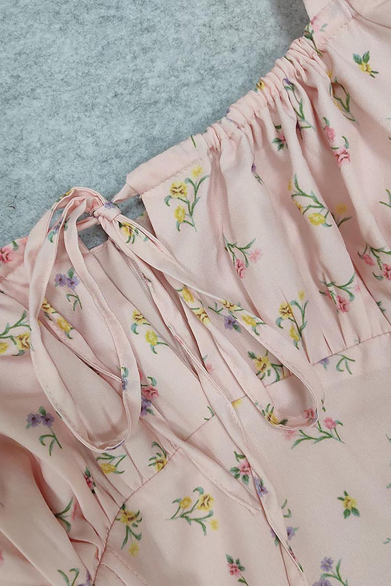 Pink Floral Printed Puff Sleeve Midi Dress - IULOVER