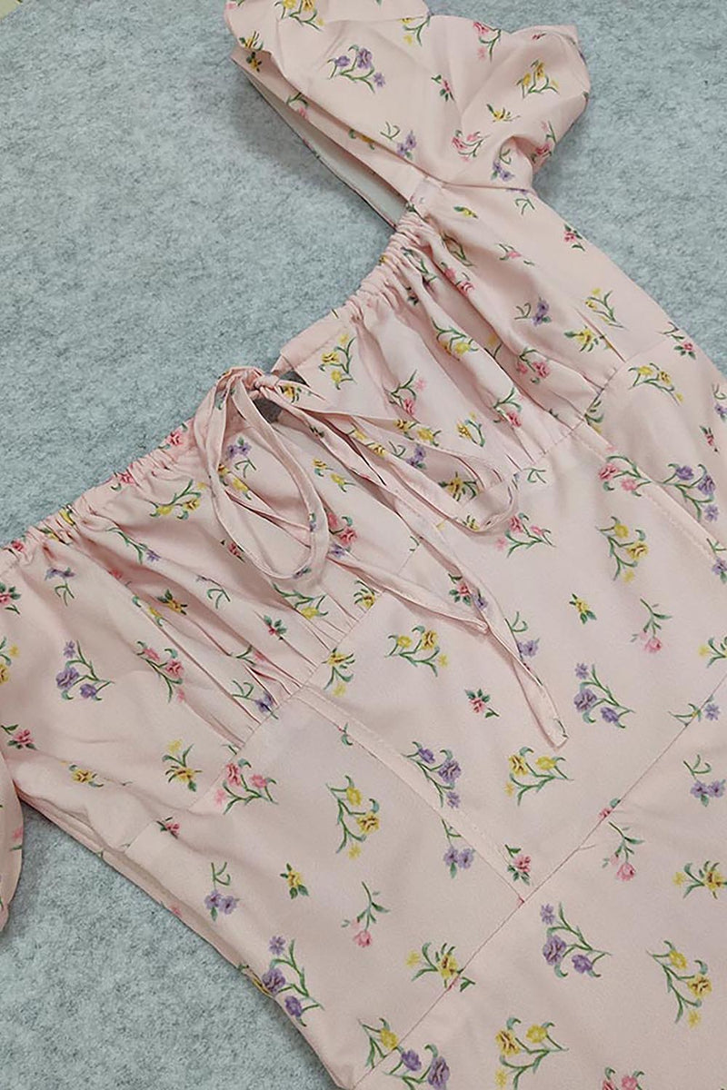 Pink Floral Printed Puff Sleeve Midi Dress - IULOVER