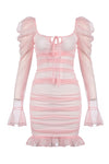 Pink Long-Sleeved Ruffled Pleated Mini Dress - IULOVER