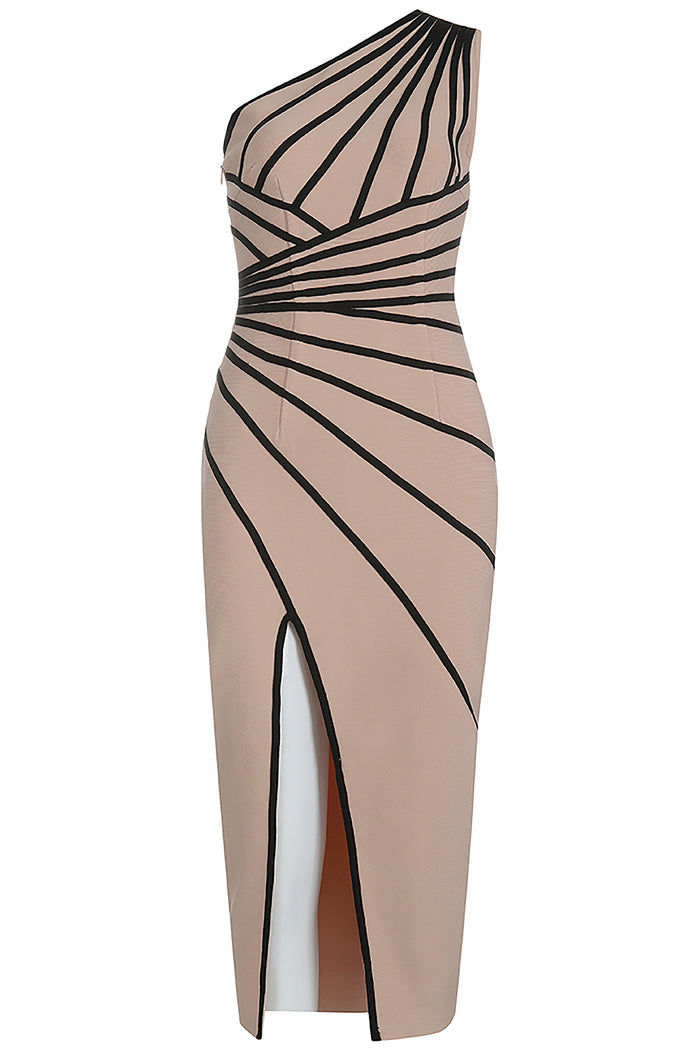 Pink One-shoulder Striped Split Bandage Dress - IULOVER