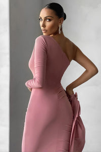 Pink One Shoulder Asymmetric Pleated Maxi Dress - IULOVER