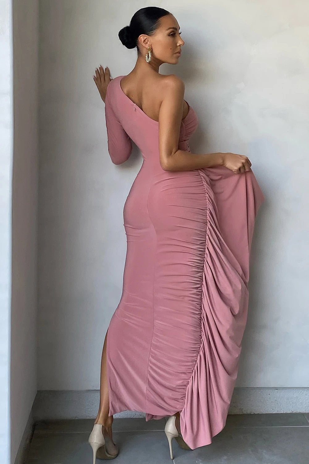 Pink One Shoulder Asymmetric Pleated Maxi Dress - IULOVER