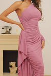 Pink One Shoulder Asymmetric Pleated Maxi Dress
