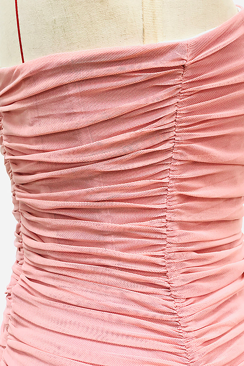 Strapless Mesh Drape Bodycon Midi Dress In Pink Orange