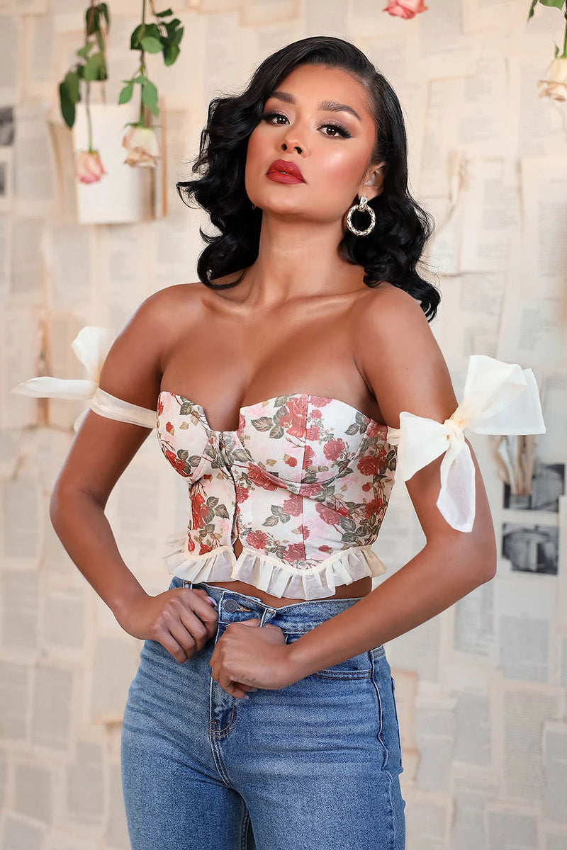 Printed Lace Ruffle Off Shoulder Bandage Top