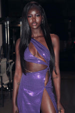 Purple Sequin One Shoulder Hollow out Split Celebrity Maxi Dress