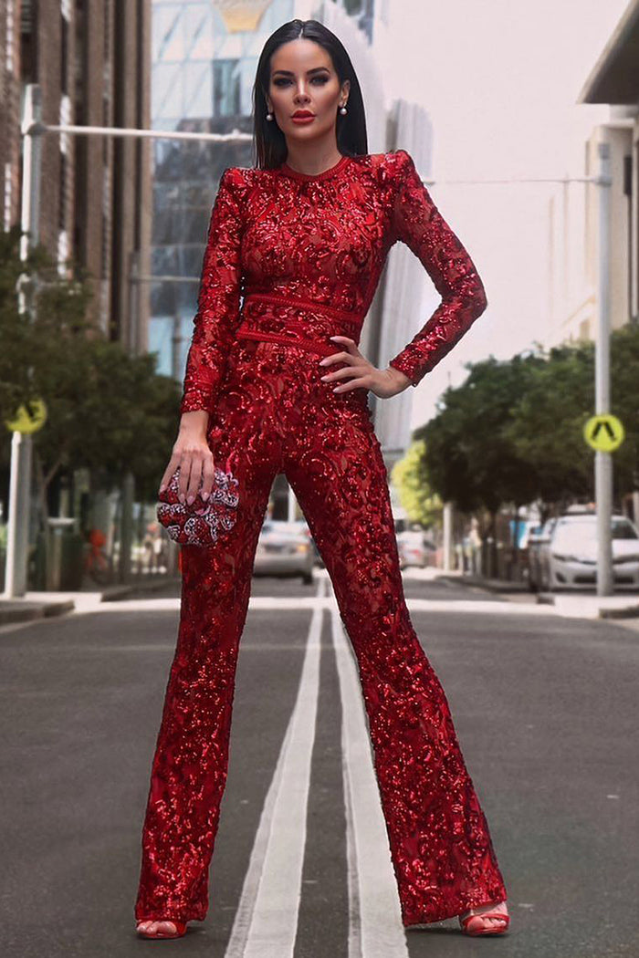 High-End Retro Red Long-Sleeved High-Waist Sequined Boots Jumpsuit - IULOVER