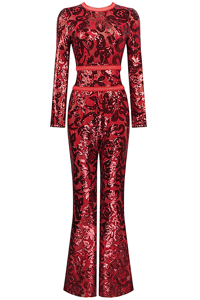 High-End Retro Red Long-Sleeved High-Waist Sequined Boots Jumpsuit - IULOVER