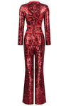 High-End Retro Red Long-Sleeved High-Waist Sequined Boots Jumpsuit - IULOVER